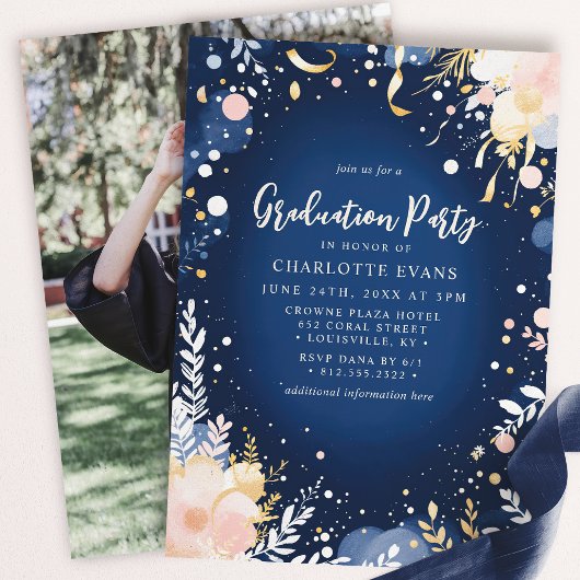 Navy Gold Confetti Floral Graduation Party Einladung