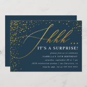 Navy & Gold Confetti-Script-Überraschung Party Einladung (Vorne/Hinten)
