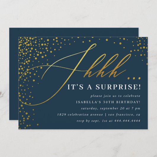 Navy & Gold Confetti-Script-Überraschung Party Einladung (Vorne/Hinten)