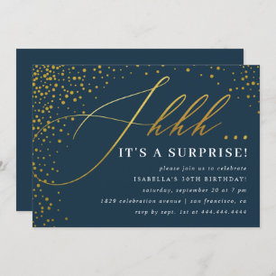Navy & Gold Confetti-Script-Überraschung Party Einladung