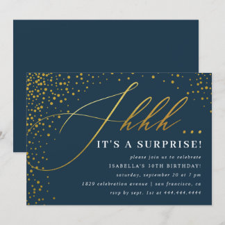 Navy & Gold Confetti-Script-Überraschung Party Einladung