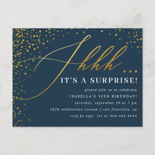 Navy & Gold Confetti-Script-Überraschung Party Einladungspostkarte