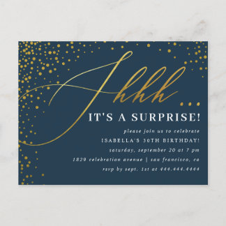 Navy & Gold Confetti-Script-Überraschung Party Einladungspostkarte