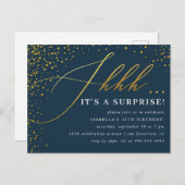 Navy & Gold Confetti-Script-Überraschung Party Einladungspostkarte (Vorne/Hinten)