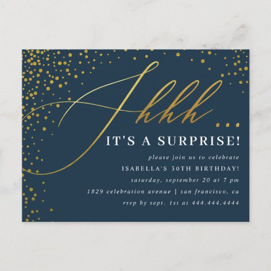 Navy & Gold Confetti-Script-Überraschung Party Einladungspostkarte (Vorderseite)