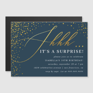 Navy & Gold Confetti-Script-Überraschung Party Magneteinladung