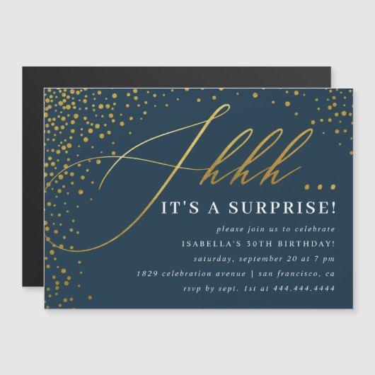 Navy & Gold Confetti-Script-Überraschung Party Magneteinladung (Vorne/Hinten)