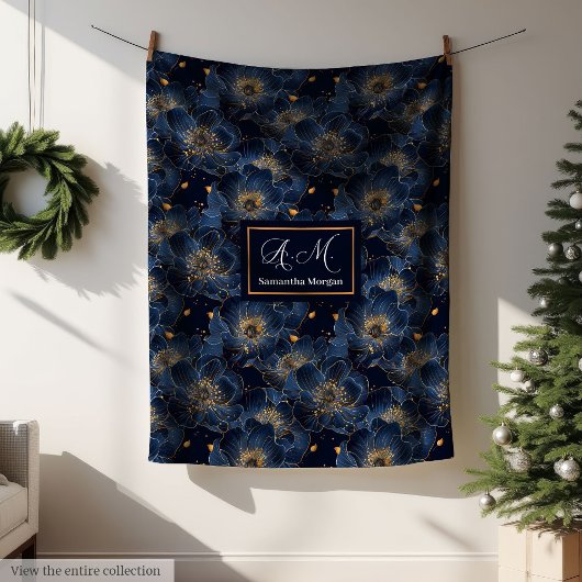 Navy Gold Custom Blanket Lux Floral Throw Style Fleecedecke