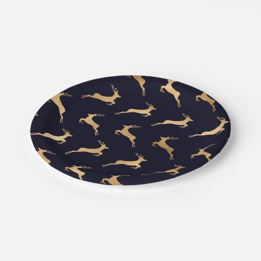 Navy Gold Deer Pattern Pappteller (Schrägansicht)