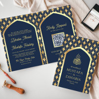 Navy Gold Diamonds Arch QR Code Muslime Hochzeit