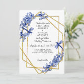 Navy Gold Dragonfly China Floral Wasserfarbe Einladung (Stehend Vorderseite)