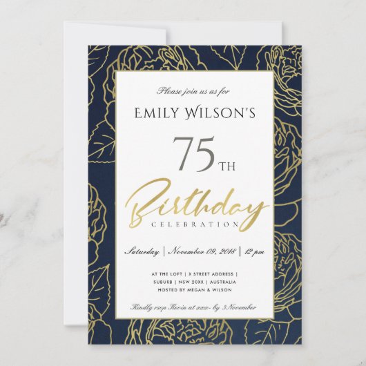NAVY GOLD ELEGANT ROSE FLORAL JEDER ALTER GEBURTST EINLADUNG (Vorderseite)