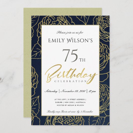 NAVY GOLD ELEGANT ROSE FLORAL JEDER ALTER GEBURTST EINLADUNG (Vorne/Hinten)