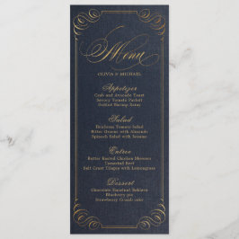 Navy Gold elegante Kalligrafie Vintage Hochzeitsme Menükarte