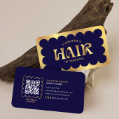 Navy & Gold Elegante Moderne QR Code Frisur Stylis Visitenkarte