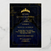Navy Gold Elegante Rose Kleid Quinceanera Folieneinladung (Vorderseite)
