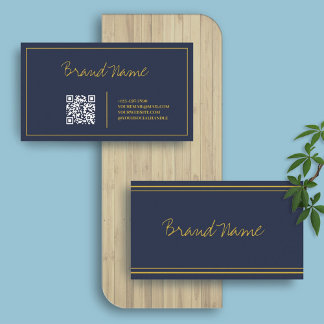 Navy Gold | Eleganter Calligrafy Sleek QR Code Visitenkarte