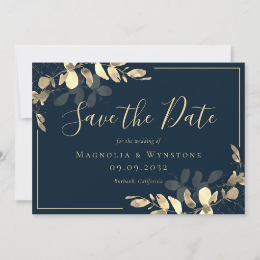 Navy Gold Eucalyptus Save the Date (Vorderseite)