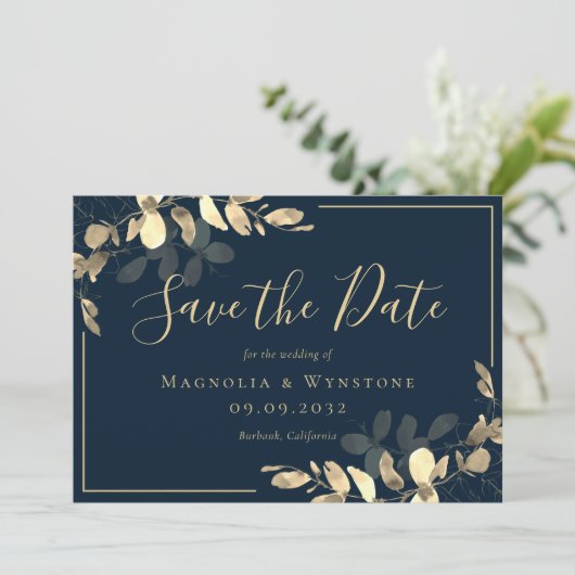 Navy Gold Eucalyptus Save the Date (Stehend Vorderseite)