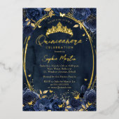 Navy Gold faszinierende Blumenschmetterling Quince Folieneinladung (Vorderseite)