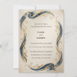 Navy Gold Feder Wirbel Vintage Hochzeit Einladung