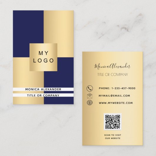 Navy-Gold-Firmenlogo QR-Code Visitenkarte (Vorne/Hinten)