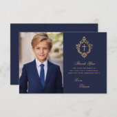 Navy Gold First CommunityElegant Boy Foto Wappen Dankeskarte (Vorne/Hinten)