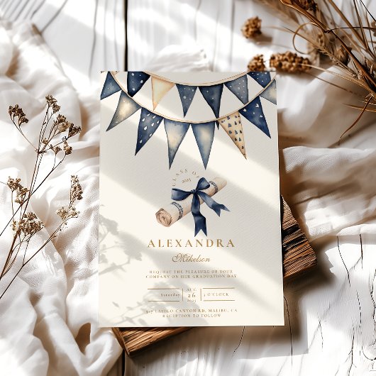 Navy Gold Floral Abschluss Einladung