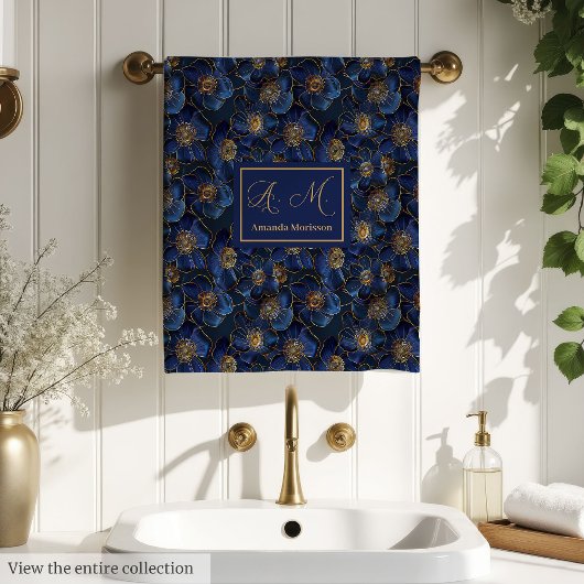Navy Gold Floral Bath Towels Chic Personalized Set