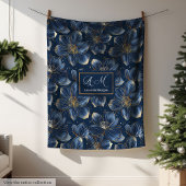 Navy Gold Floral Blanket Chic Personalized Gift Fleecedecke