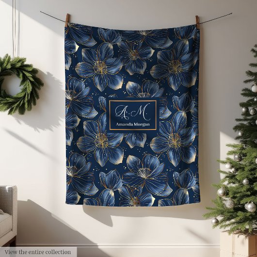 Navy Gold Floral Blanket Chic Personalized Gift Fleecedecke