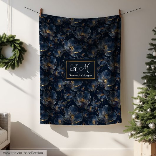 Navy Gold Floral Blanket Chic Personalized Gift Fleecedecke