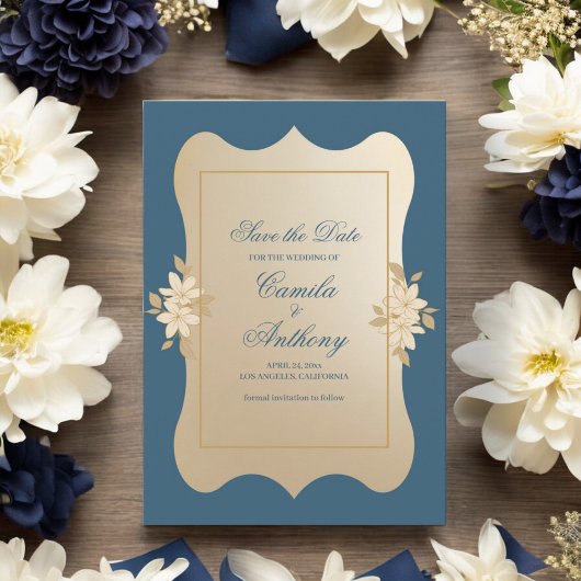 Navy Gold Floral Boho Hochzeit speichern das Datum Einladung