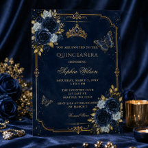 Navy Gold Floral Butterfly Quinceañera