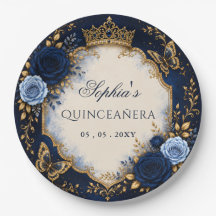 Navy Gold Floral Butterfly Quinceañera
