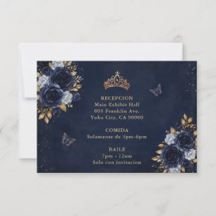 Navy Gold Floral Butterfly Quinceañera RSVP Karte