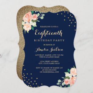 Navy Gold Floral Confetti 18. Geburtstagsparty Einladung