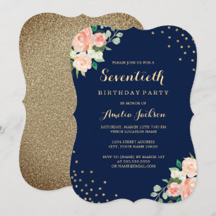 Navy Gold Floral Confetti 70. Geburtstagsparty Einladung