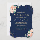 Navy Gold Floral Confetti Housewarming Party Einladung (Vorderseite)