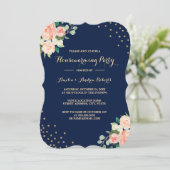 Navy Gold Floral Confetti Housewarming Party Einladung (Stehend Vorderseite)