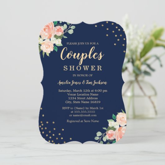 Navy Gold Floral Confetti Wedding Couples Dusche Einladung (Stehend Vorderseite)