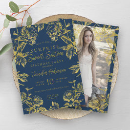 Navy Gold Floral Foto ÜBERRASCHUNG Sweet 16 Einladung