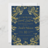 Navy Gold Floral Foto ÜBERRASCHUNG Sweet 16 Einladung (Vorderseite)