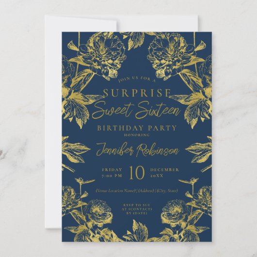 Navy Gold Floral Foto ÜBERRASCHUNG Sweet 16 Einladung (Vorderseite)