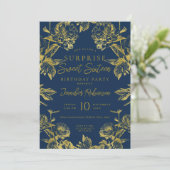 Navy Gold Floral Foto ÜBERRASCHUNG Sweet 16 Einladung (Stehend Vorderseite)