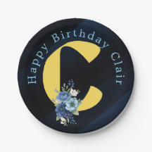 Navy & Gold Floral Monogram Birthday