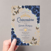 Navy Gold Floral Quinceanera Acryleinladungen (Insitu (Handheld))
