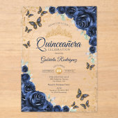 Navy Gold Floral Quinceanera Acryleinladungen (Vorderseite)