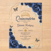 Navy Gold Floral Quinceanera Acryleinladungen (Vorderseite)