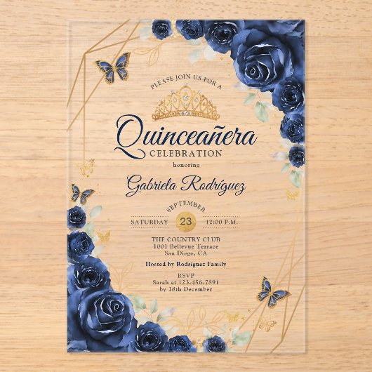 Navy Gold Floral Quinceanera Acryleinladungen (Vorderseite)